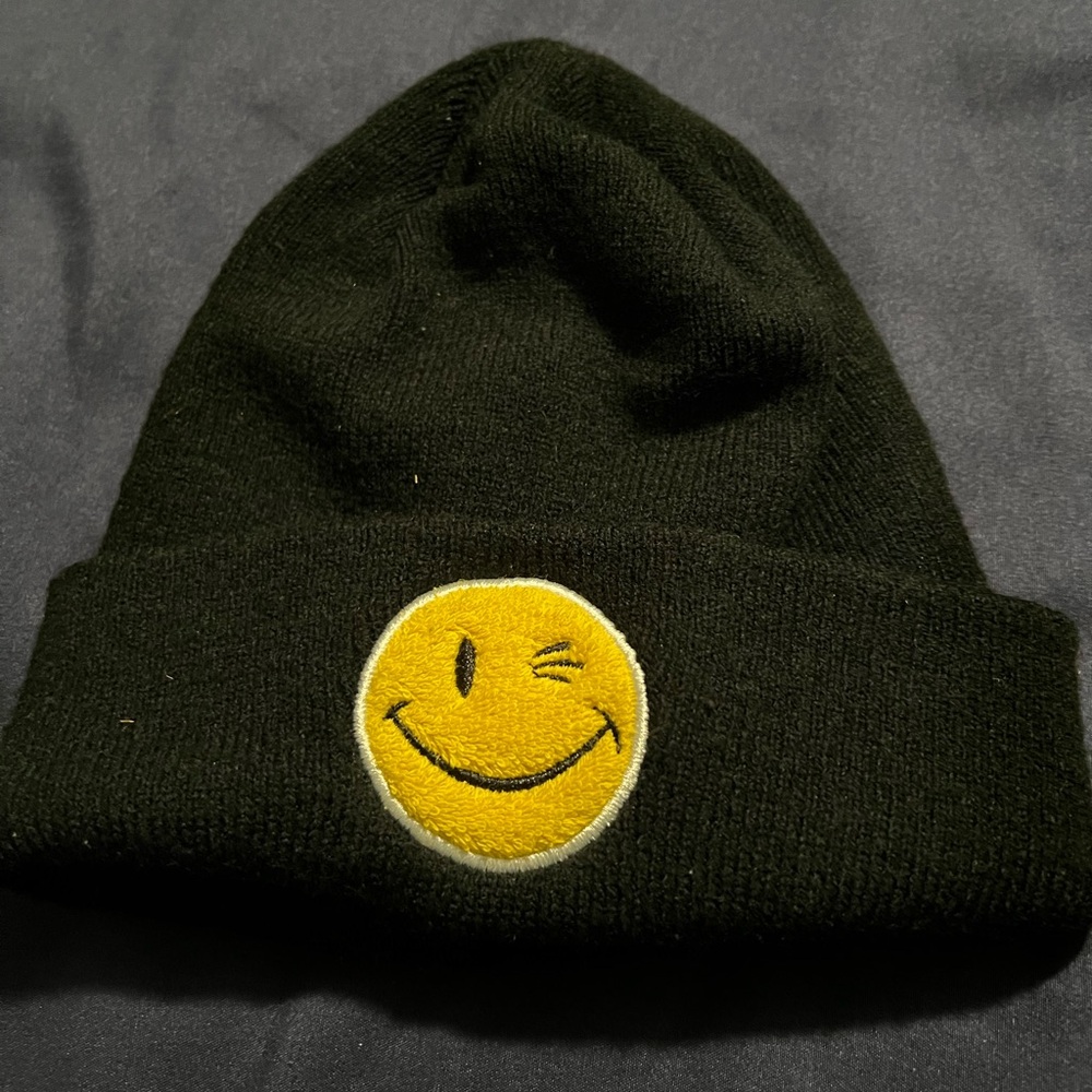 Black Beanie with Winking Smiley Patch